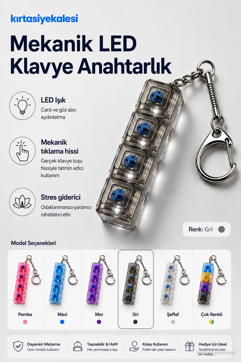 Işıklı Stres Giderici Klavye Anahtarlık Gri